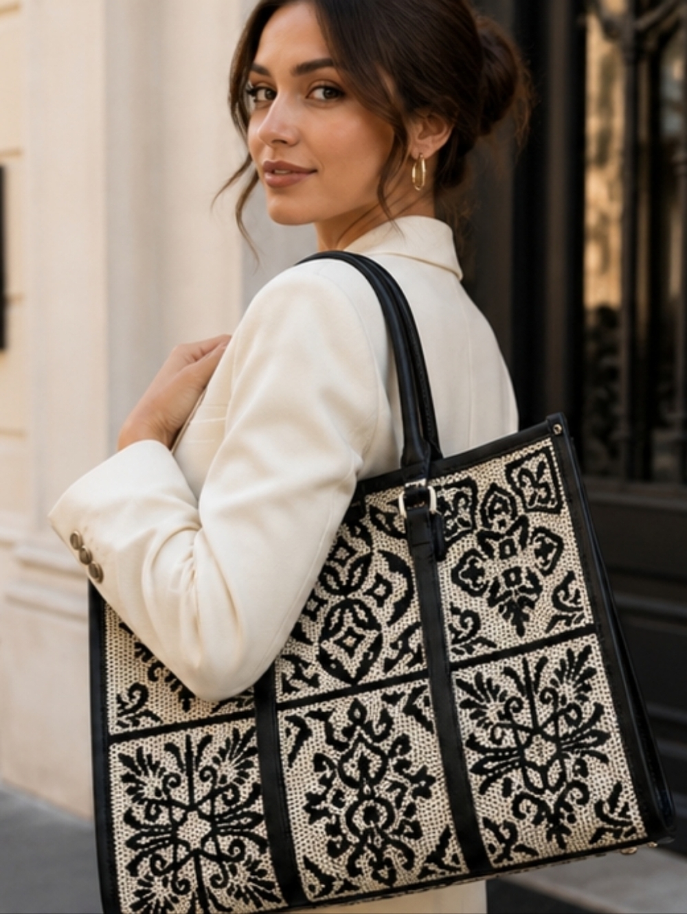 Black & Cream Woven Pattern Tote Bag by